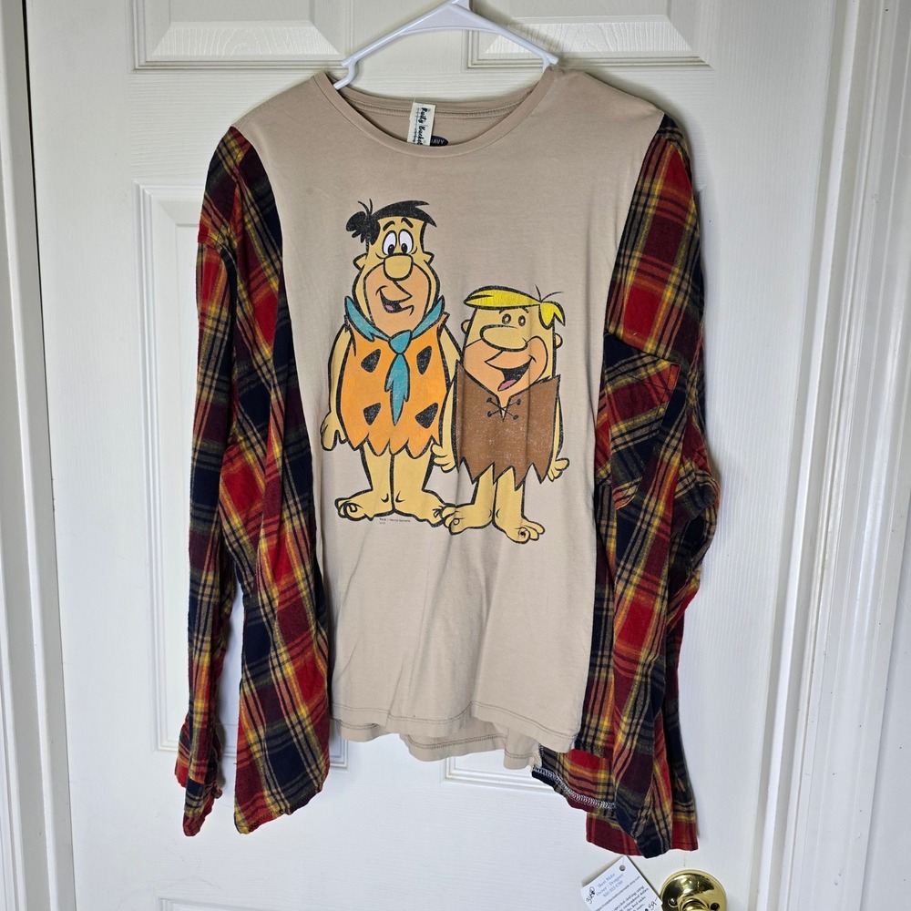 Upcycled‎ Flintstones tan t-shirt plaid flannel OS